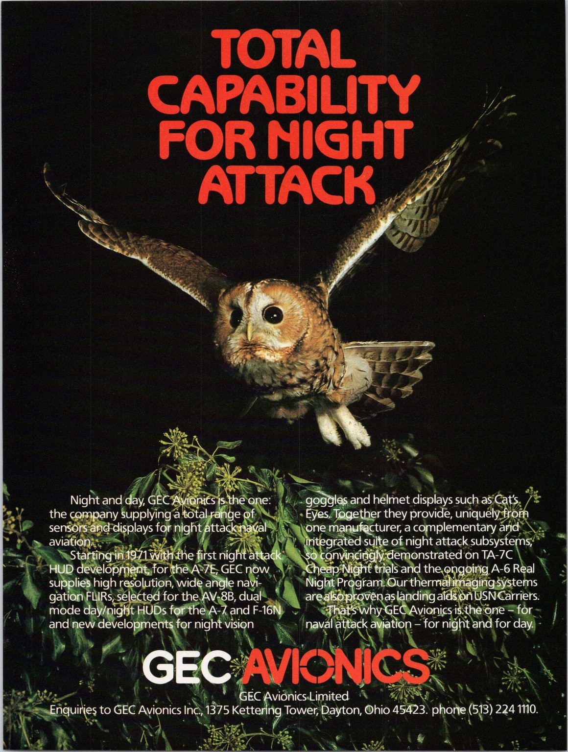 GEC Avionics Vintage Magazine Ad Owl Night Attack Aviation 1987 GEC Avionics Vintage Magazine Ad Owl Night Attack Aviation 1987