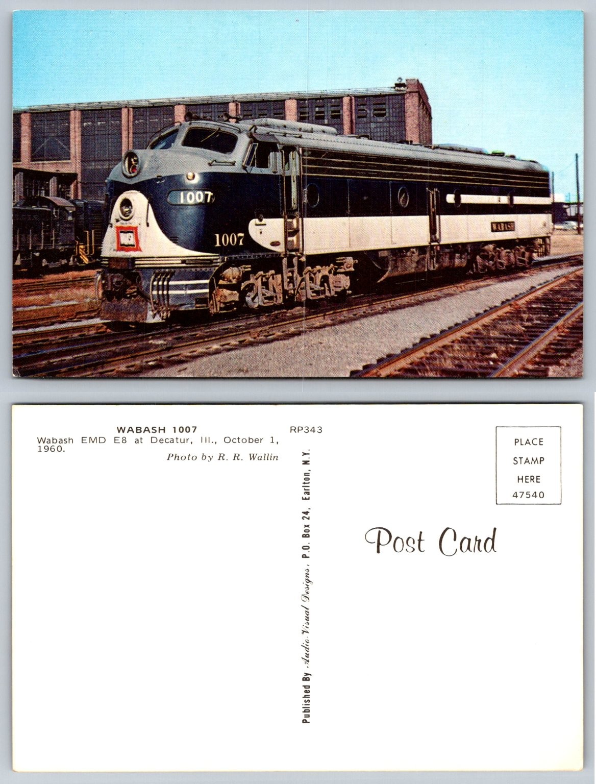 Wabash 1007 EMD E8 Diesel Locomotive Train Postcard Decatur IL 1960