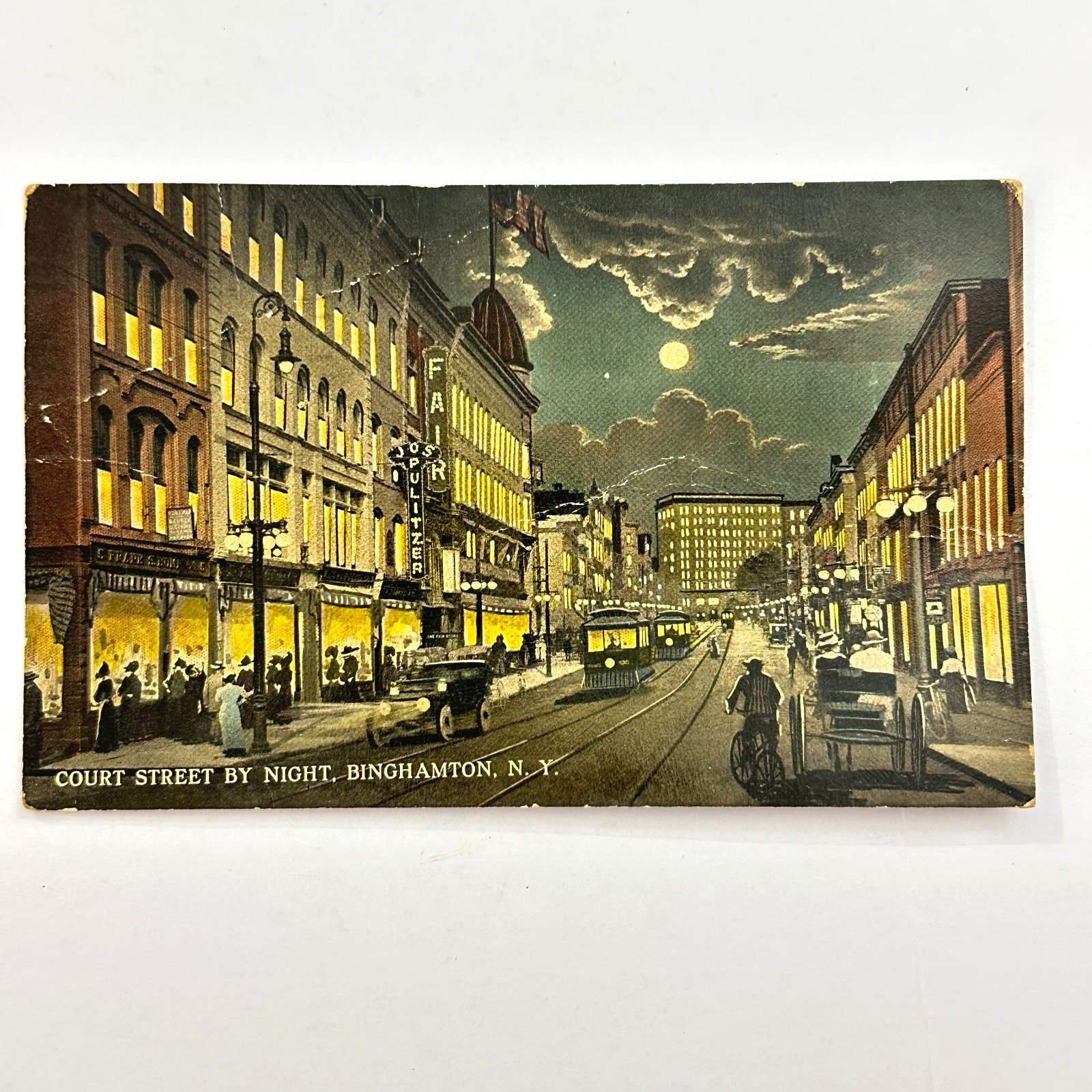 1912 Downtown Binghamton NY Court Street By Night Postcard Trolly Cars Model T