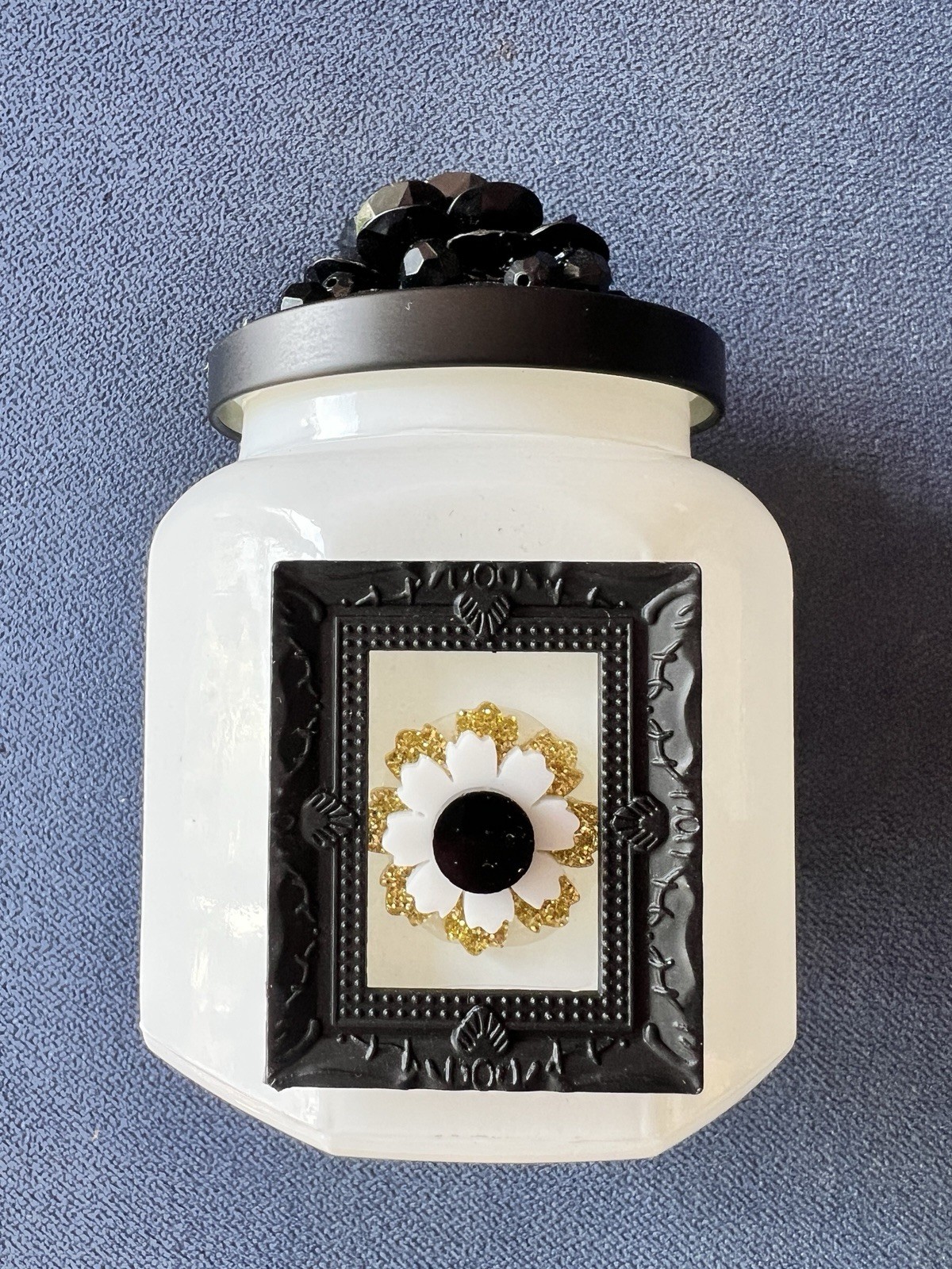 White Milk Glass Vanity Jar One-Of-A-Kind Black & Gold Handcrafted 6\