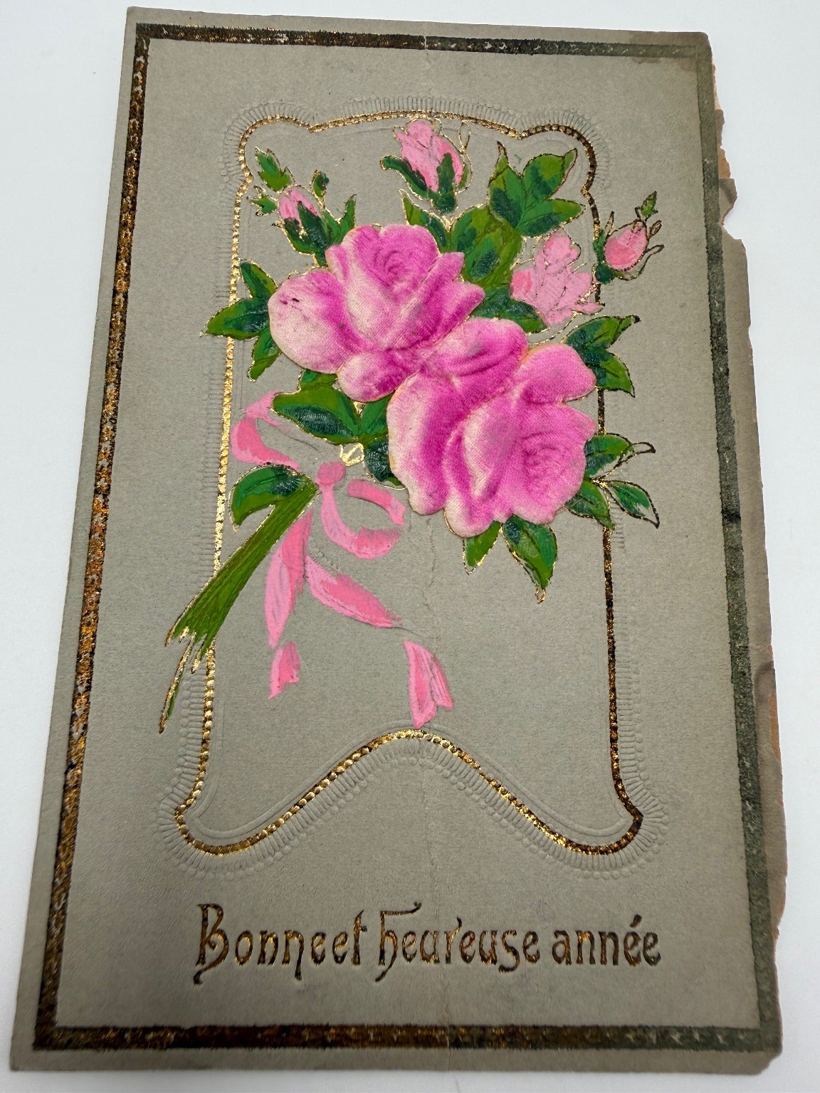 Vintage French New Year Postcard Pink Roses Embossed Gilt Art Nouveau Era