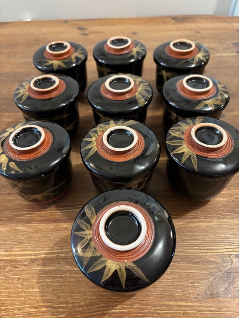 Kaiseki Lidded Bowls Set of 10 Bamboo Design Black & Gold Chawanmushi Container