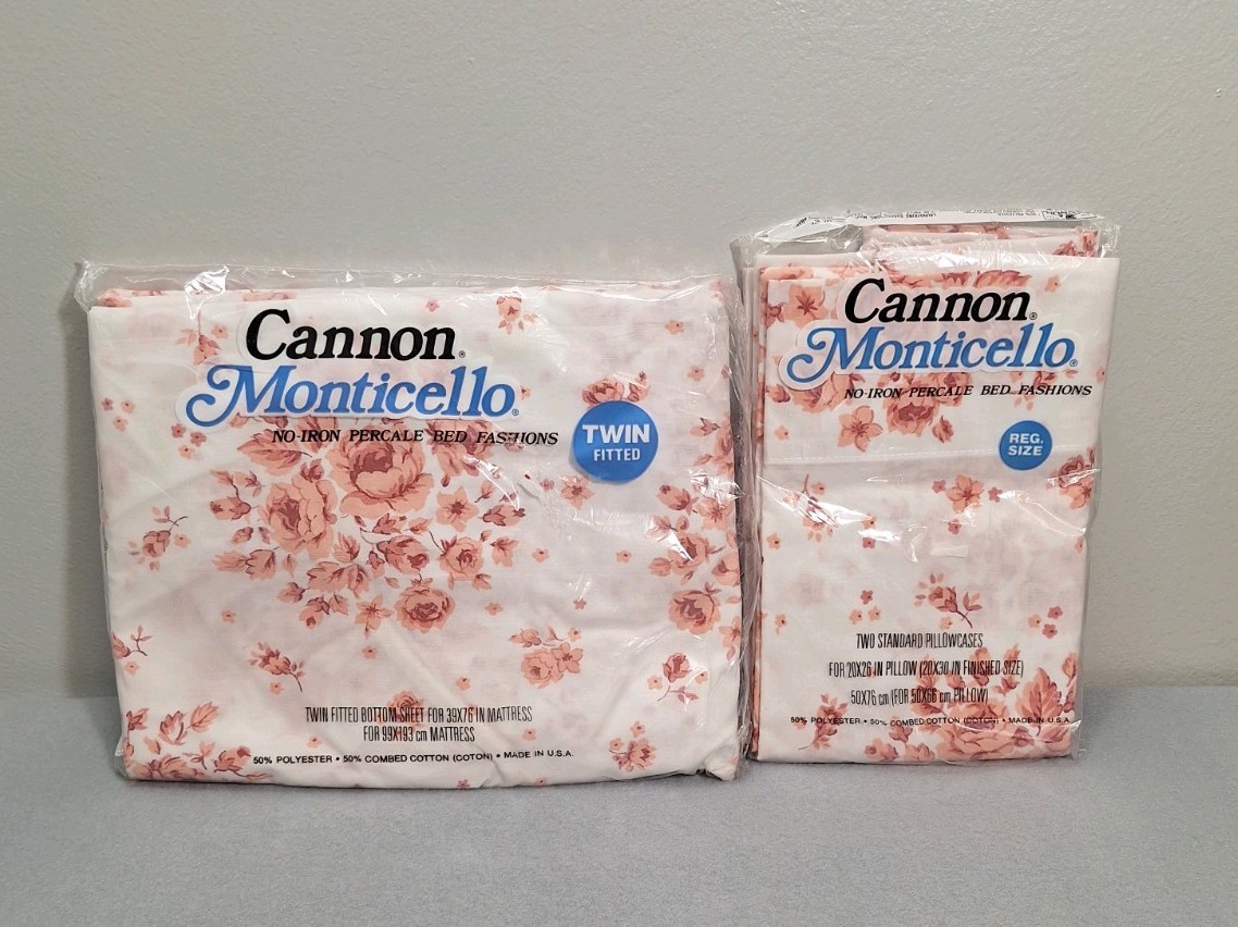 NOS VTG Cannon Monticello Twin Fitted Sheet With 2 Pillowcases Pink Floral 