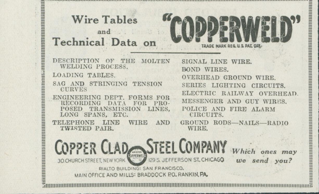1923 Copperweld Wire Tables Technical Data Copper Clad Steel Company Ad EW1