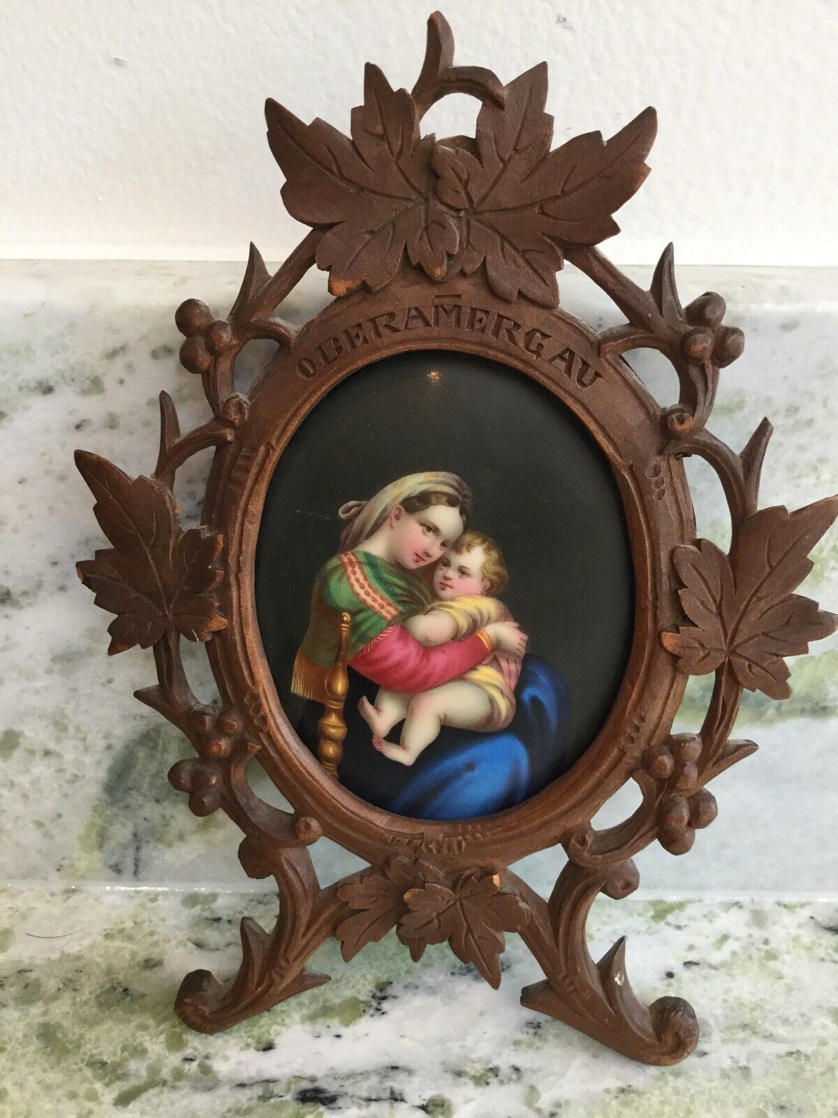 Antique Porcelain Hand Painted Madonna and Child In Hand Carved Frame Germany