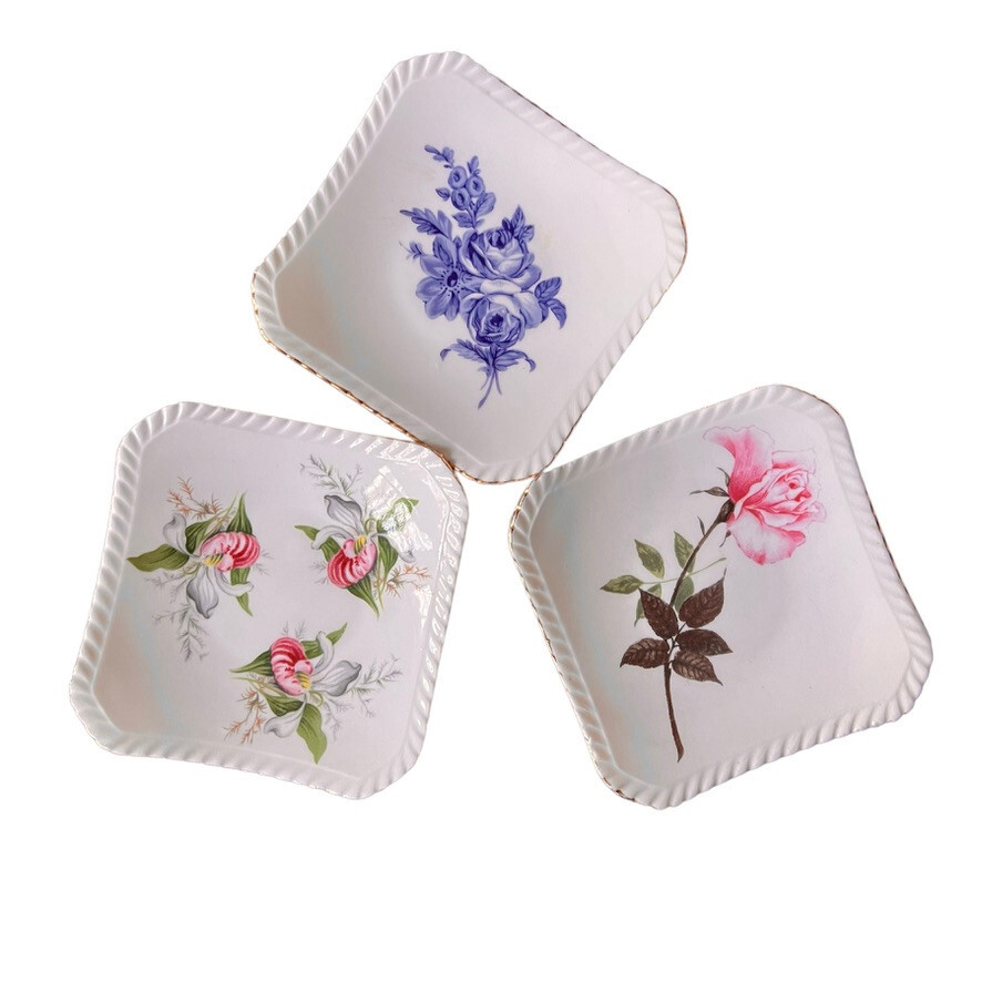 Vintage trinket dishes teabag  Royal Adderley Floral Bone China Dish set of 3