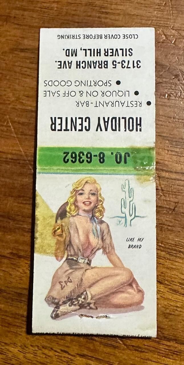 Vintage 1950s Empty Holiday Center MD Cheesecake Girl Advertising Match Cover Vintage 1950s Empty Holiday Center MD Cheesecake Girl Advertising Match Cover
