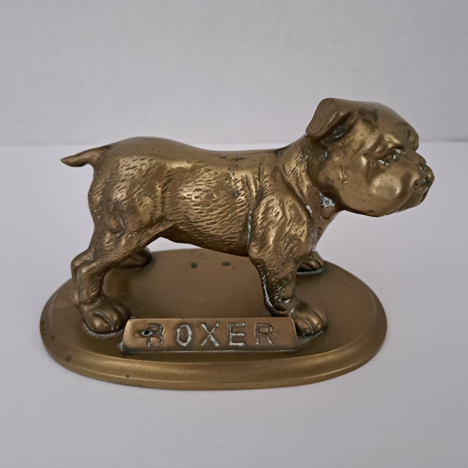 Vtg Brass Cast Metal Boxer Dog Figurine Breed Name Mounted Base Stand 5.5