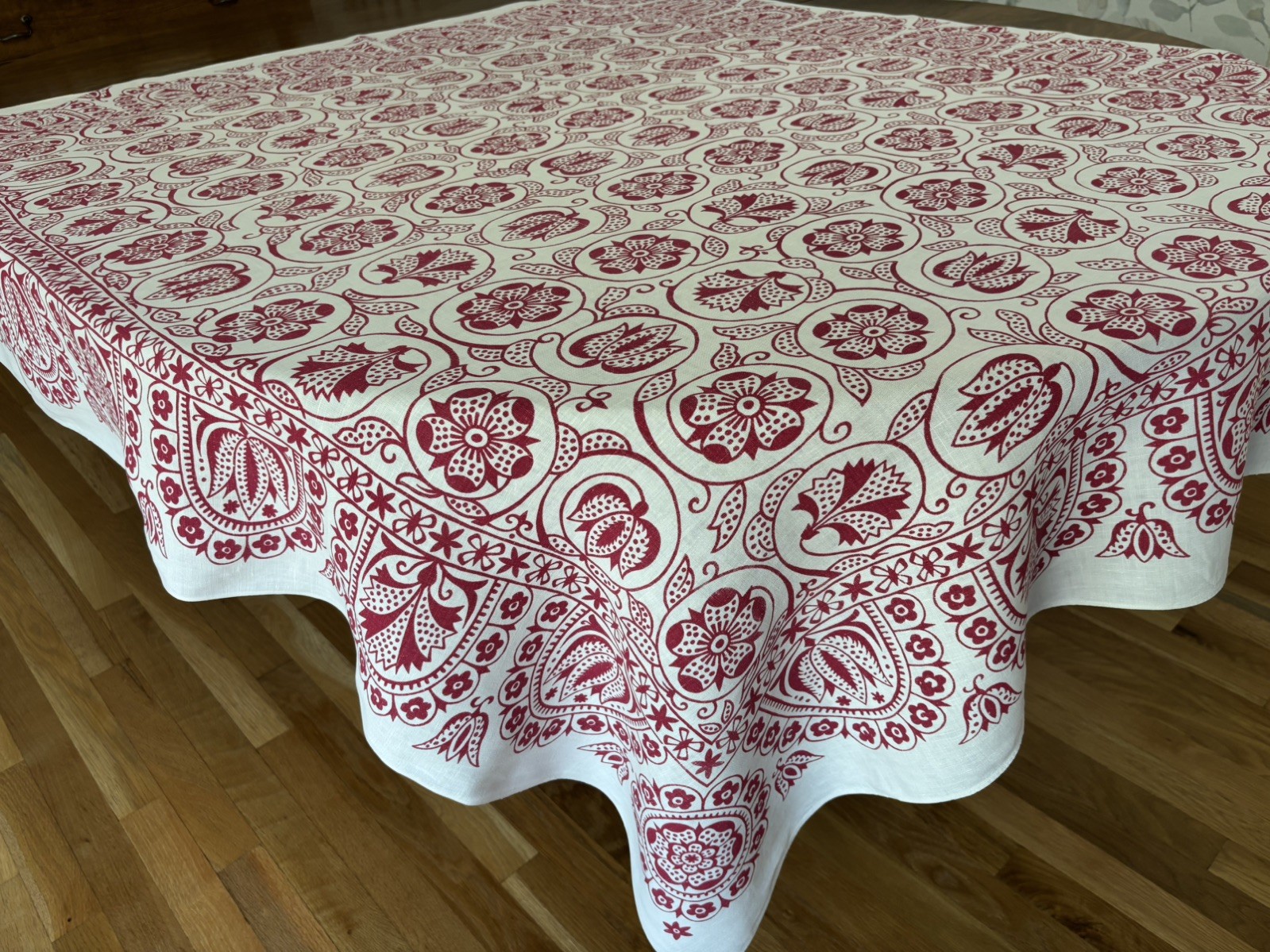 Vintage Linen Tablecloth 62x55” Dark Red Mod Floral Geometric EUC