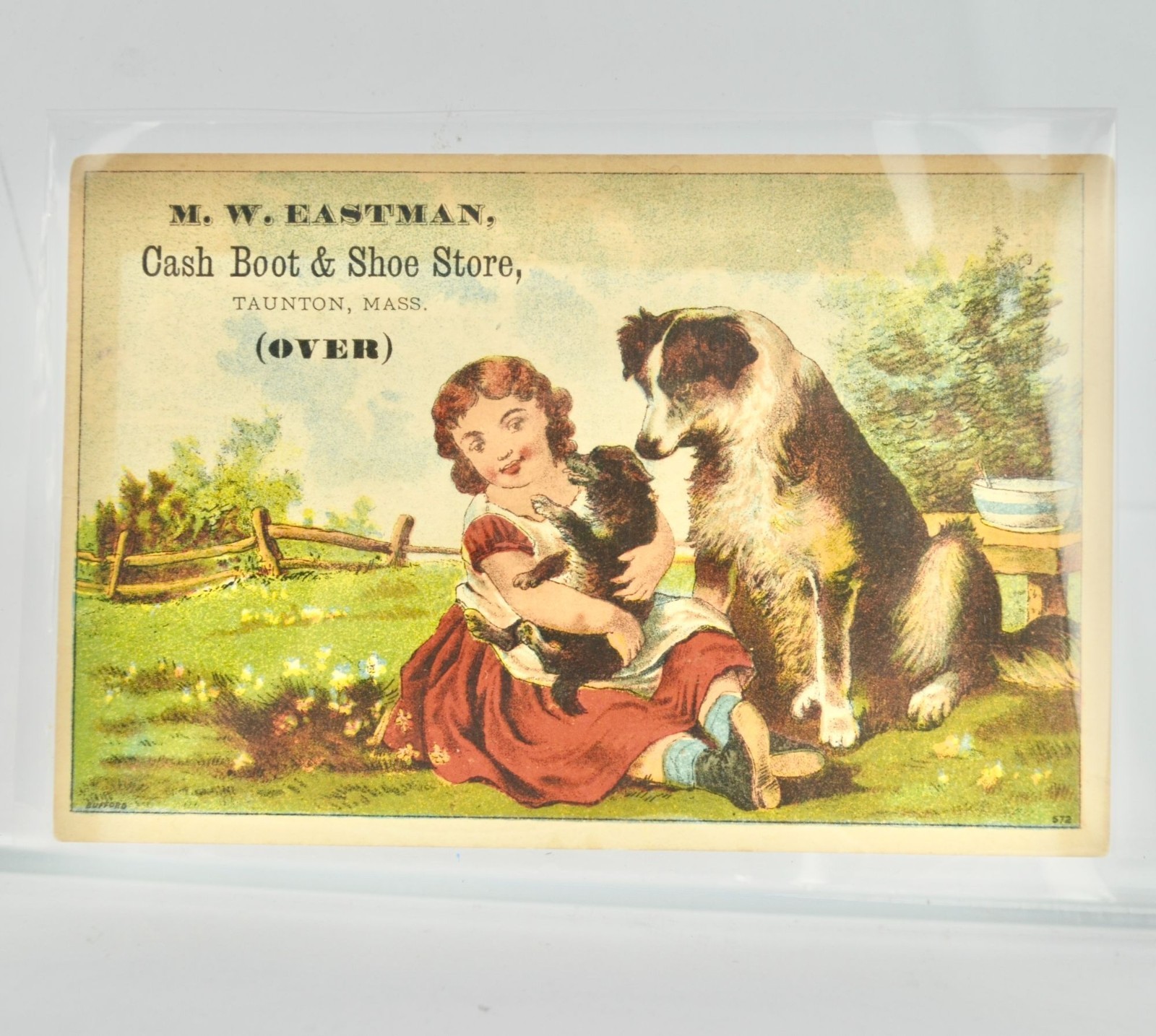 M. W. Eastman Cash Boot Shoe Store Victorian Trade Card Girl Dogs