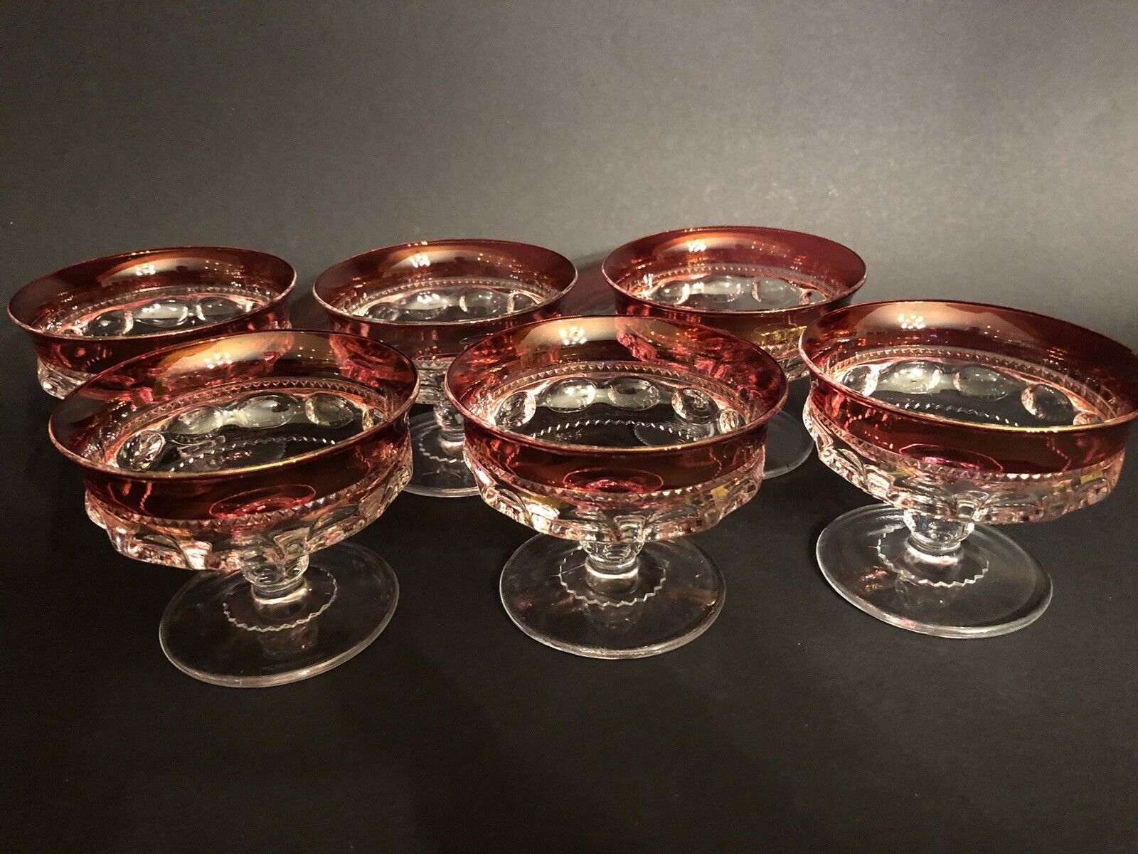 6 Tiffin-Franciscan Kings Crown Ruby Red Flashed Thumbprint Sherbet Champagne