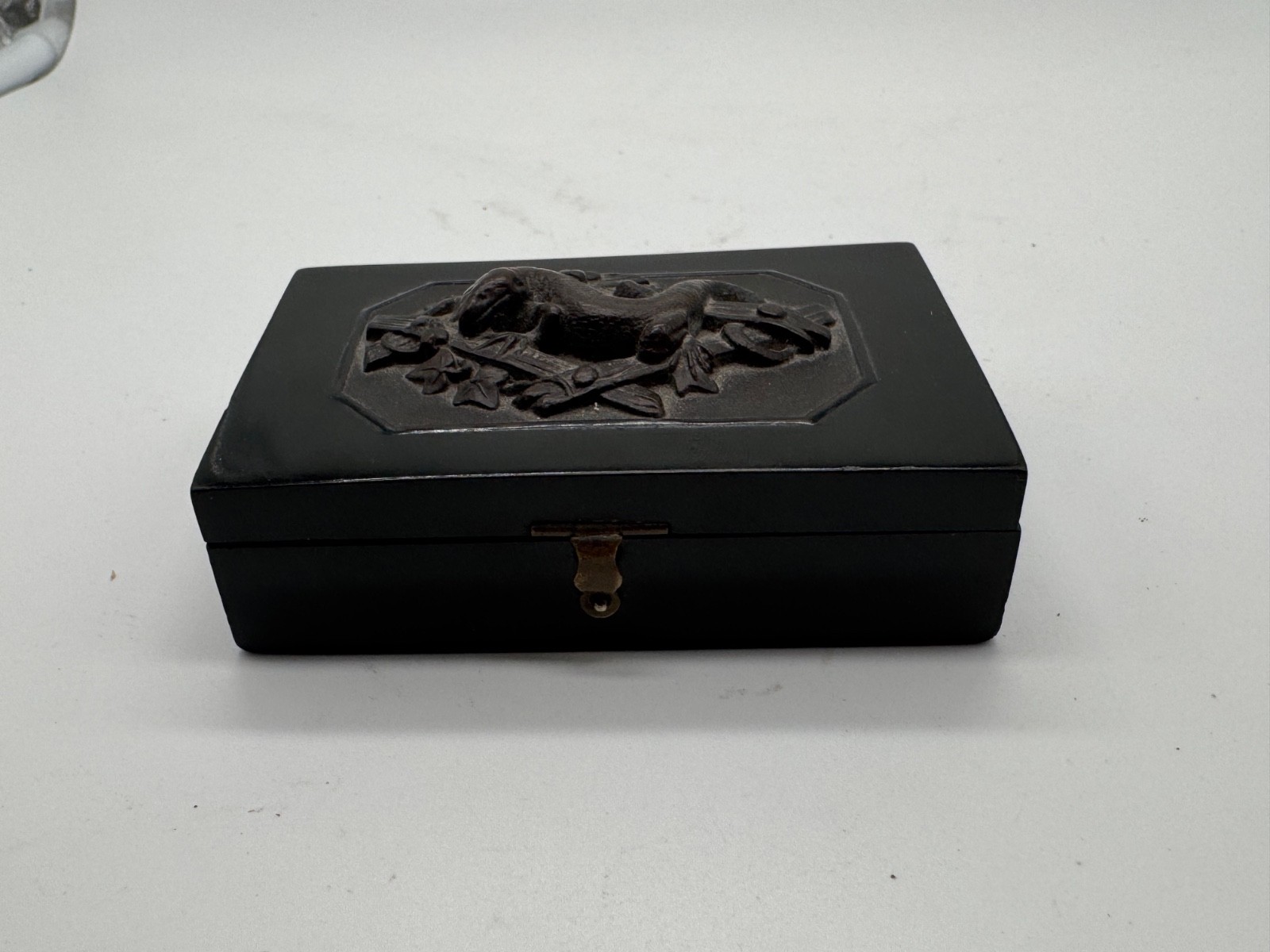 Antique Small Wood Box w/ Metal Possibly Bronze Inset with Lizard on Top