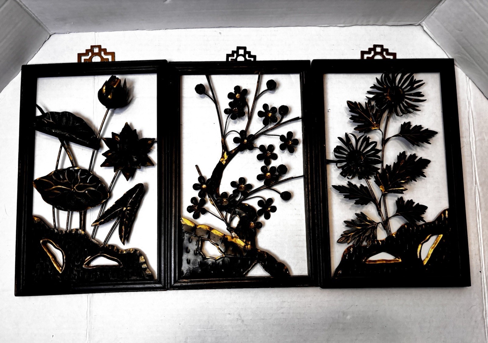 Vintage Framed 3D Set 3 Panels Wall Art Floral Cut-outs Metal Oriental 1960’s