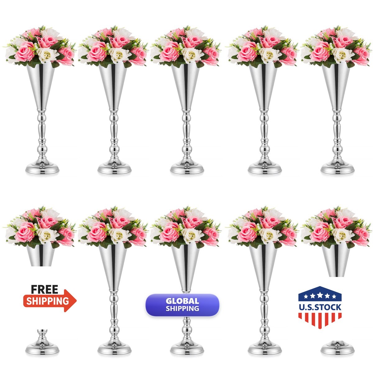 Inweder OYHJ304I Sliver Vase Centerpiece 10 Pcs Metal Tabletop 16.5in Wedding