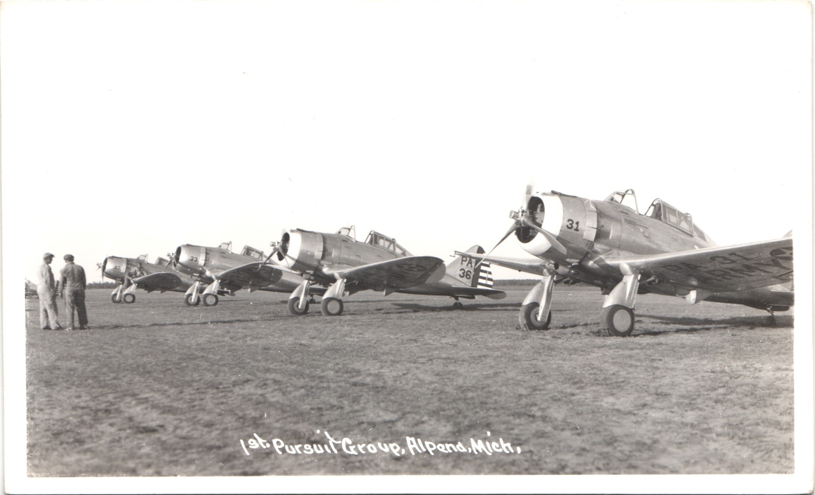 FIRST PURSUIT GROUP alpena mi c1950 postcard michigan real photo rppc airplanes