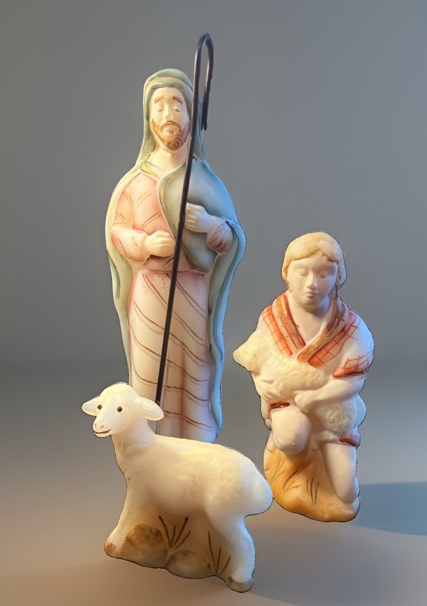 Fenton Nativity Shepherd Set 3 Pc Standing Shepherd Lamb Figurine Signed