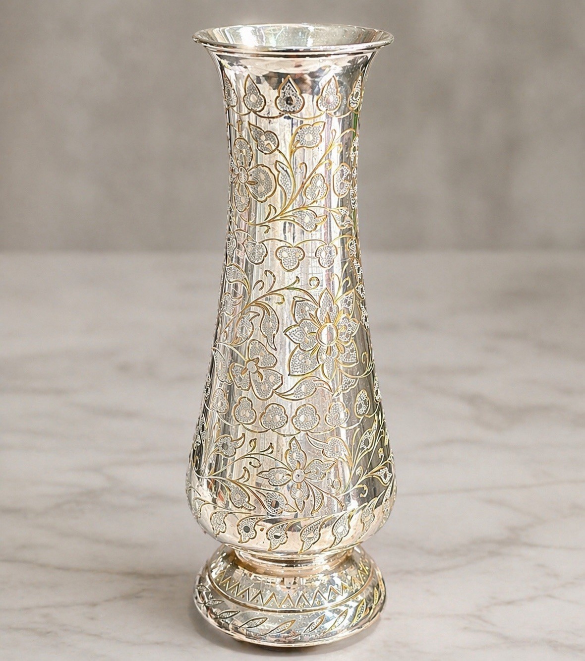 Vintage KAE India Hand Engraved Silver Brass Flower Vase 10\
