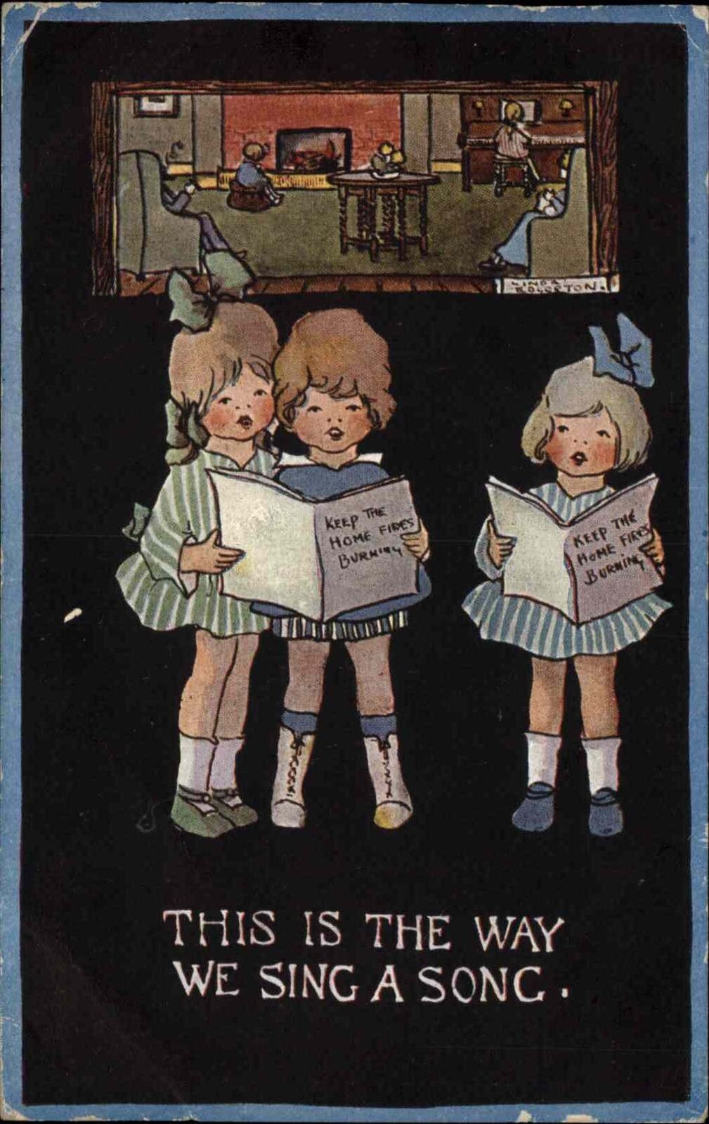 Linda Edgerton Cute Little Girls Singing Folk Arts Vintage Postcard