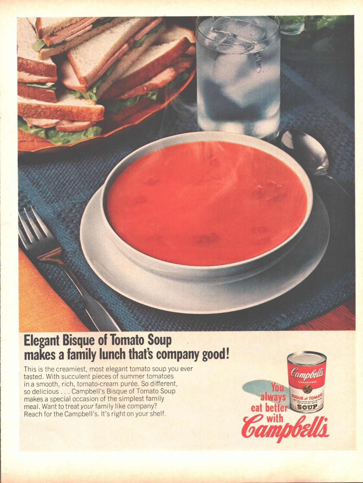 1966 Campbells Tomato Soup Vintage Print Ad Sandwich Elegant Bisque