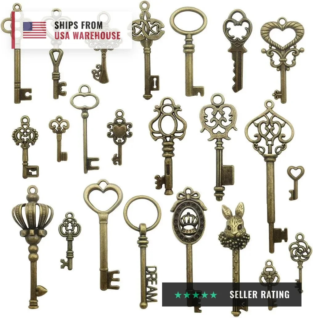 Vintage Skeleton Keys Set of 46 - Antique Bronze Style Decorative Craft Supplies