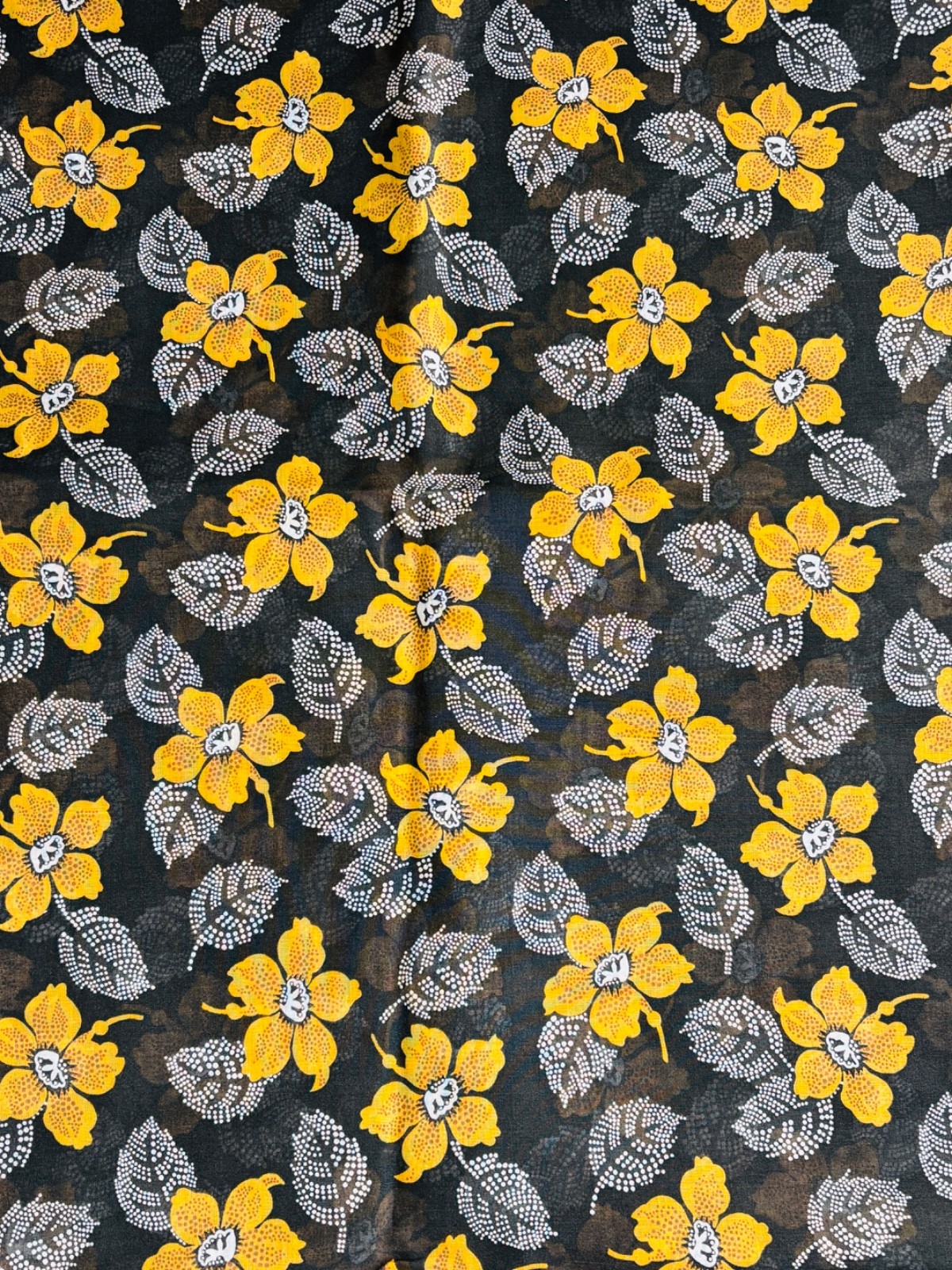 VTG 60'S JC PENNEYS BLACK&YELLOW SEMI SHEER COTTON&POLY PRINT CLOTH FABRIC 1.5YD