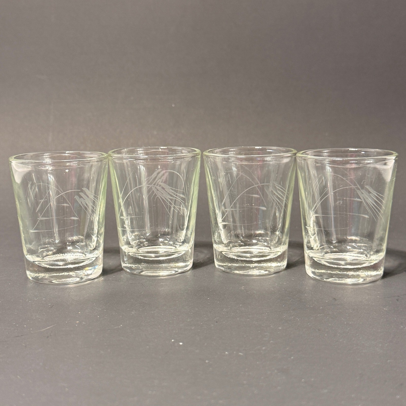 Vintage Etched Wheat Shot Glasses Clear Glass Set 4 Mid Century Barware 2.25in