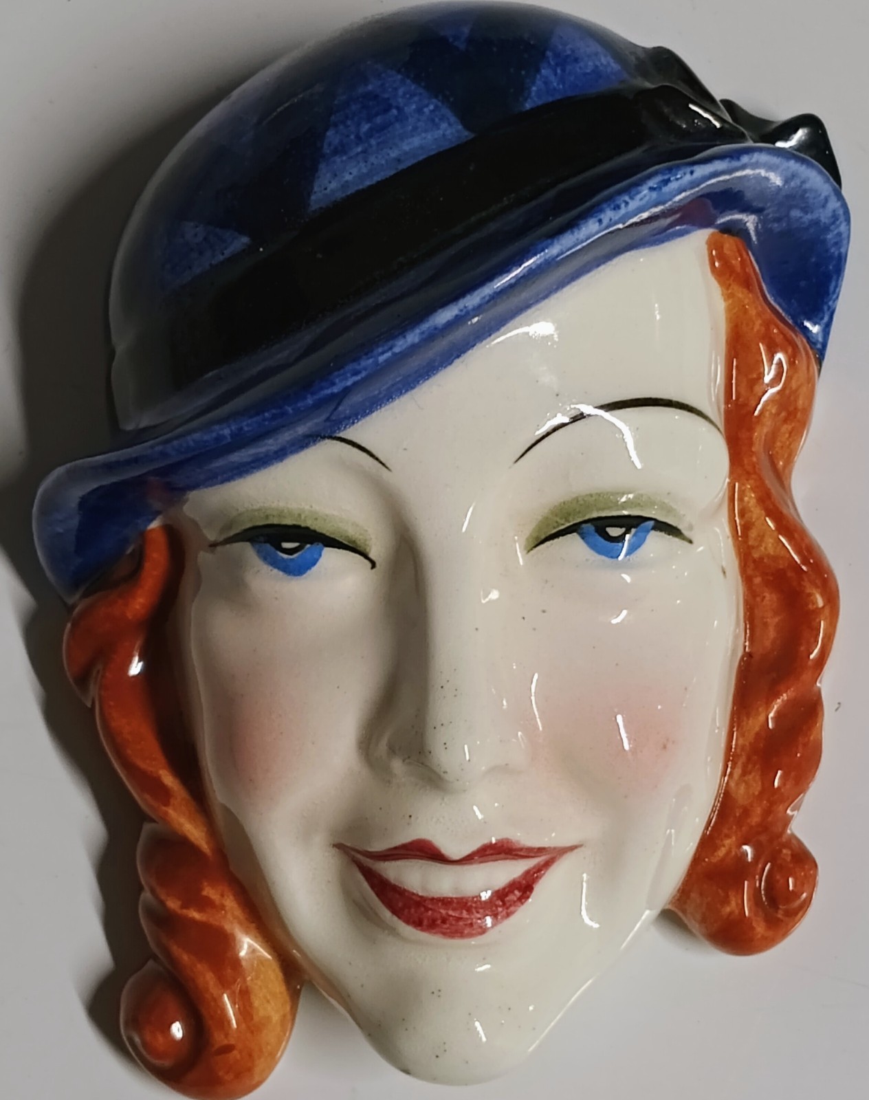 Vtg Art Deco Lady Face Wall Mask Plaque Porcelain Redhead Blue Hat Japan 5x5