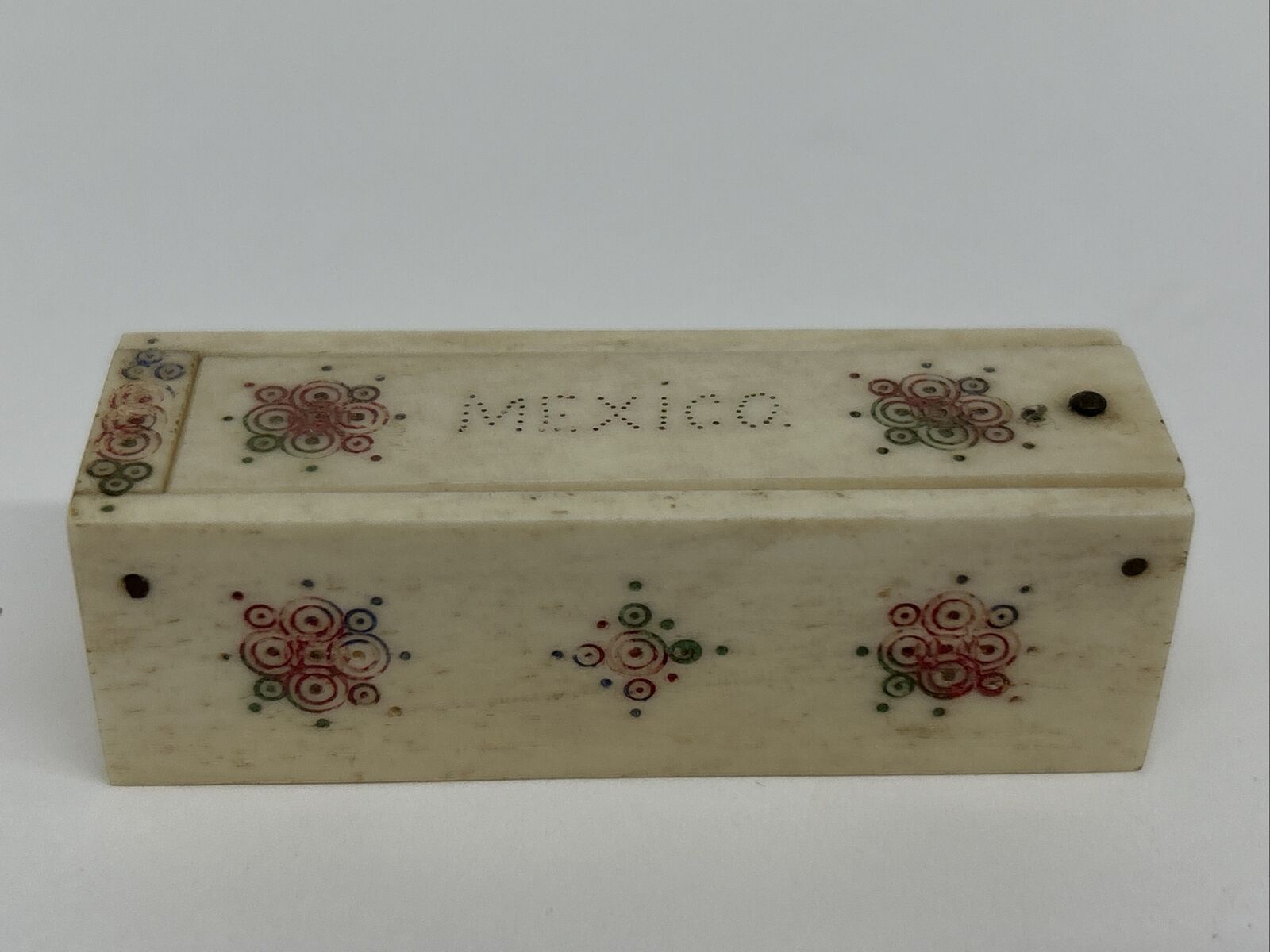 Vintage Mexico Tourist Souvenir Carved Cow Bone Miniature Dominos In Box T10