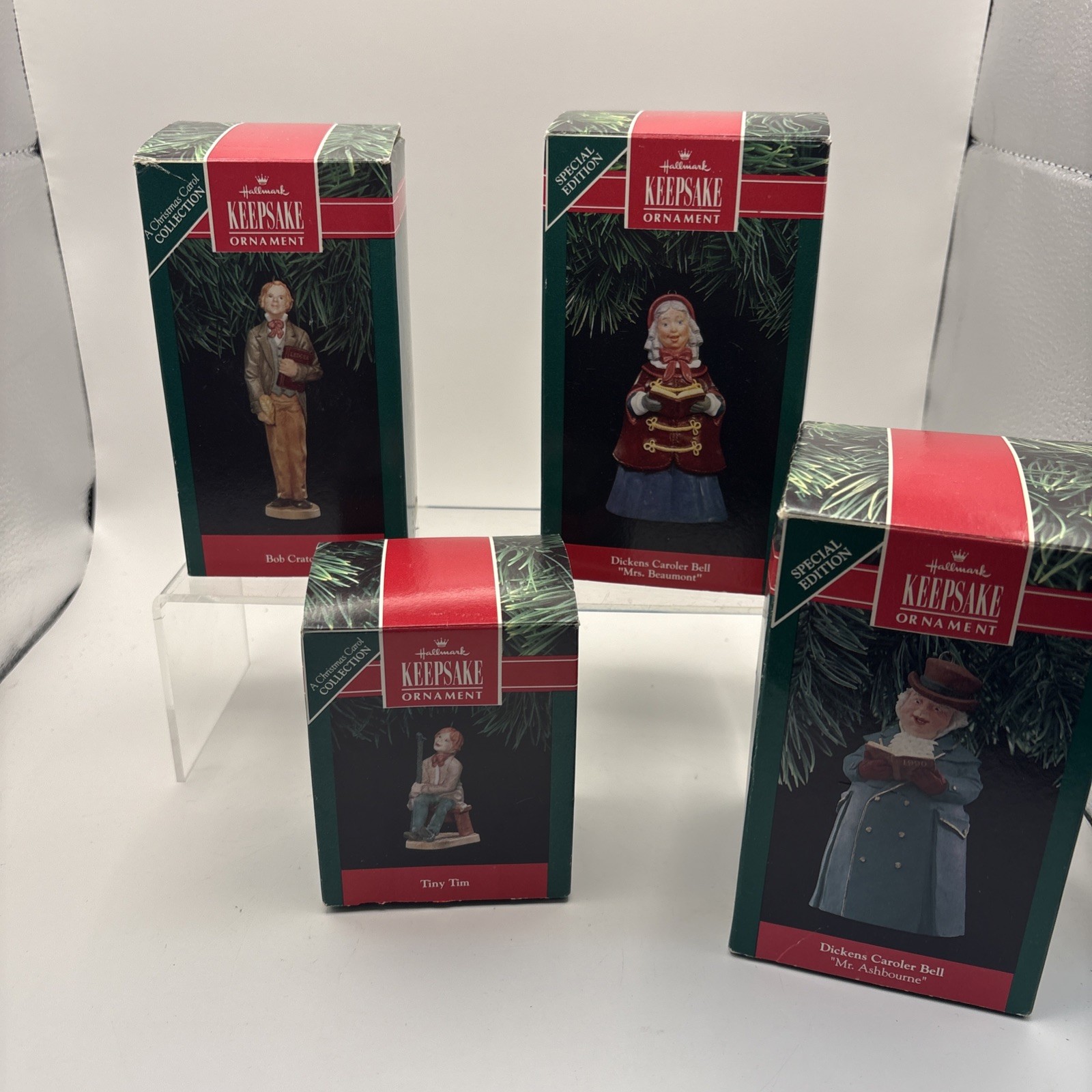 Lot of 4~Hallmark Ornaments~Dickens Caroler Bells (2)/Bob Cratchit/Tiny Tim
