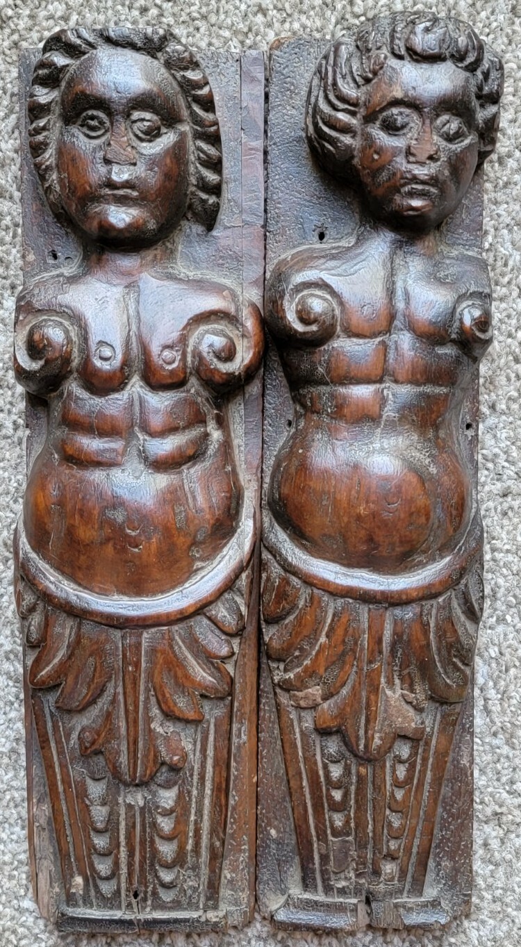 PAIR Antique 16th c. French RENAISSANCE Man Carved Walnut Wood Caryatid Figures PAIR Antique 16th c. French RENAISSANCE Man Carved Walnut Wood Caryatid Figures