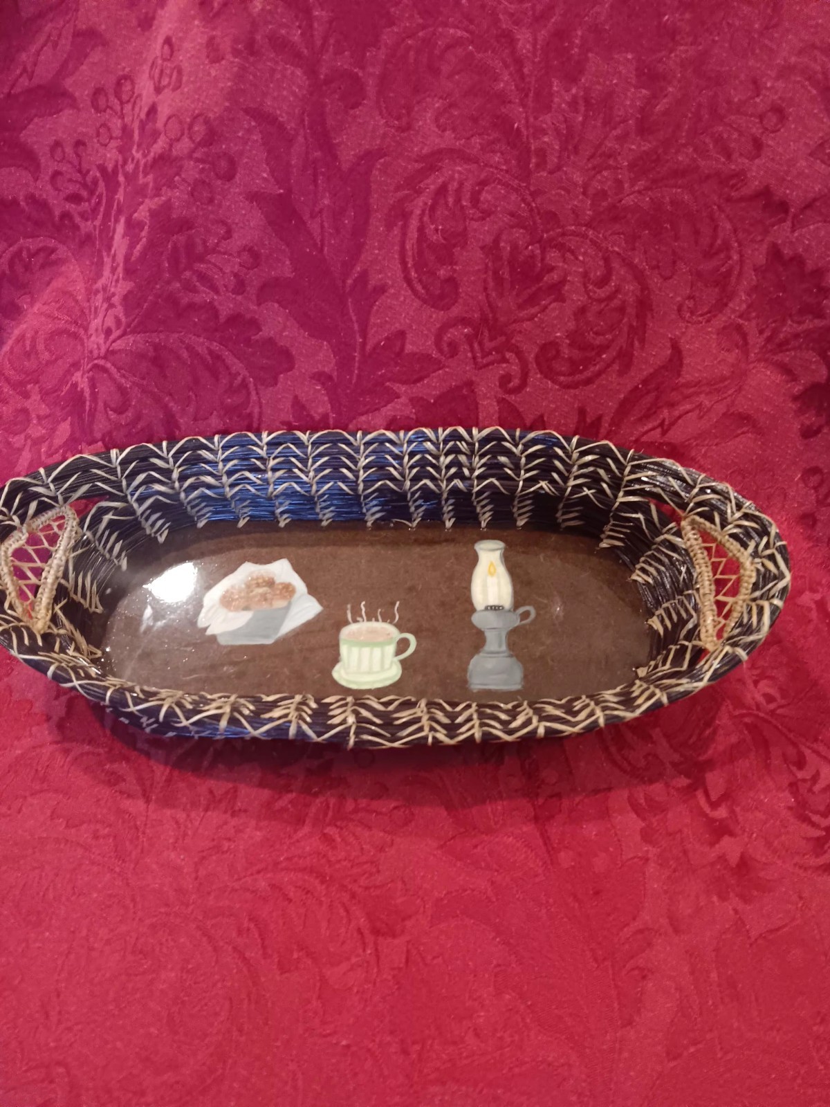 Handmade Pine Needle Oval Basket With Handpainted Inside Signed 