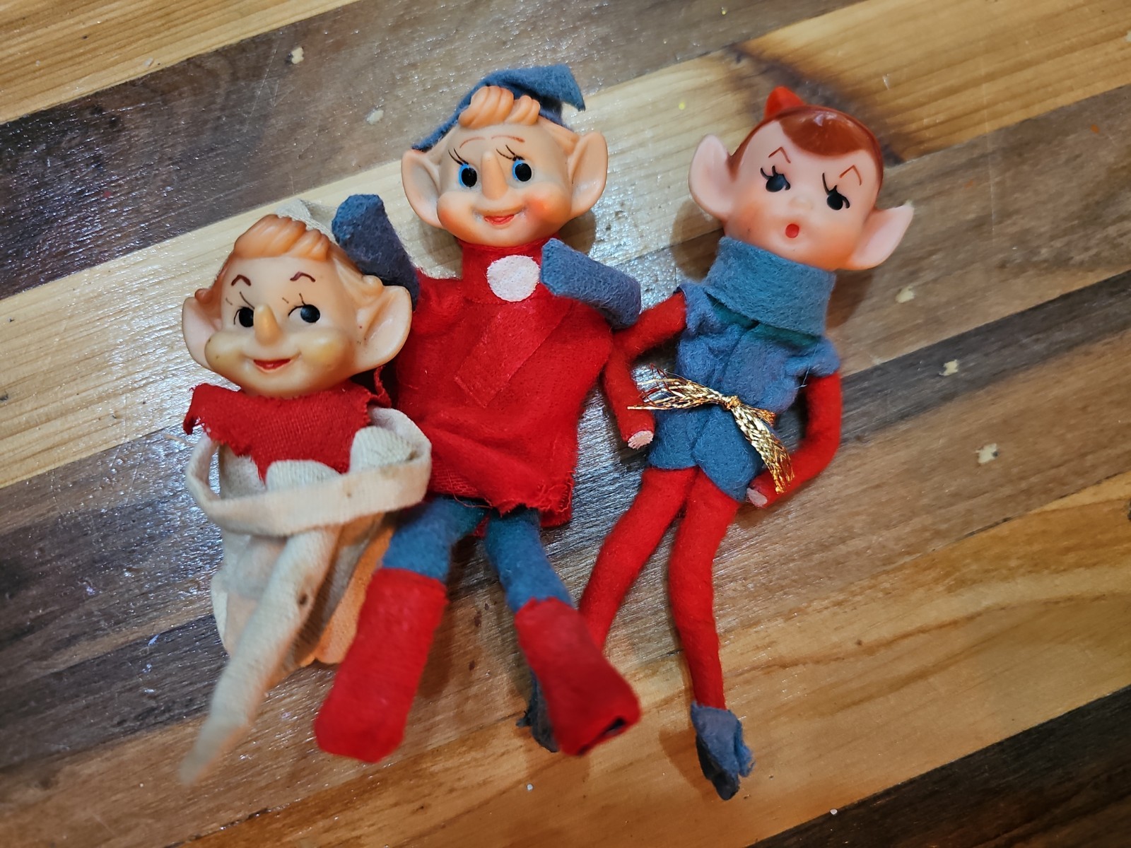 Vintage Christmas Elf Pixie Ornaments Felt Plastic Face Lot of 3