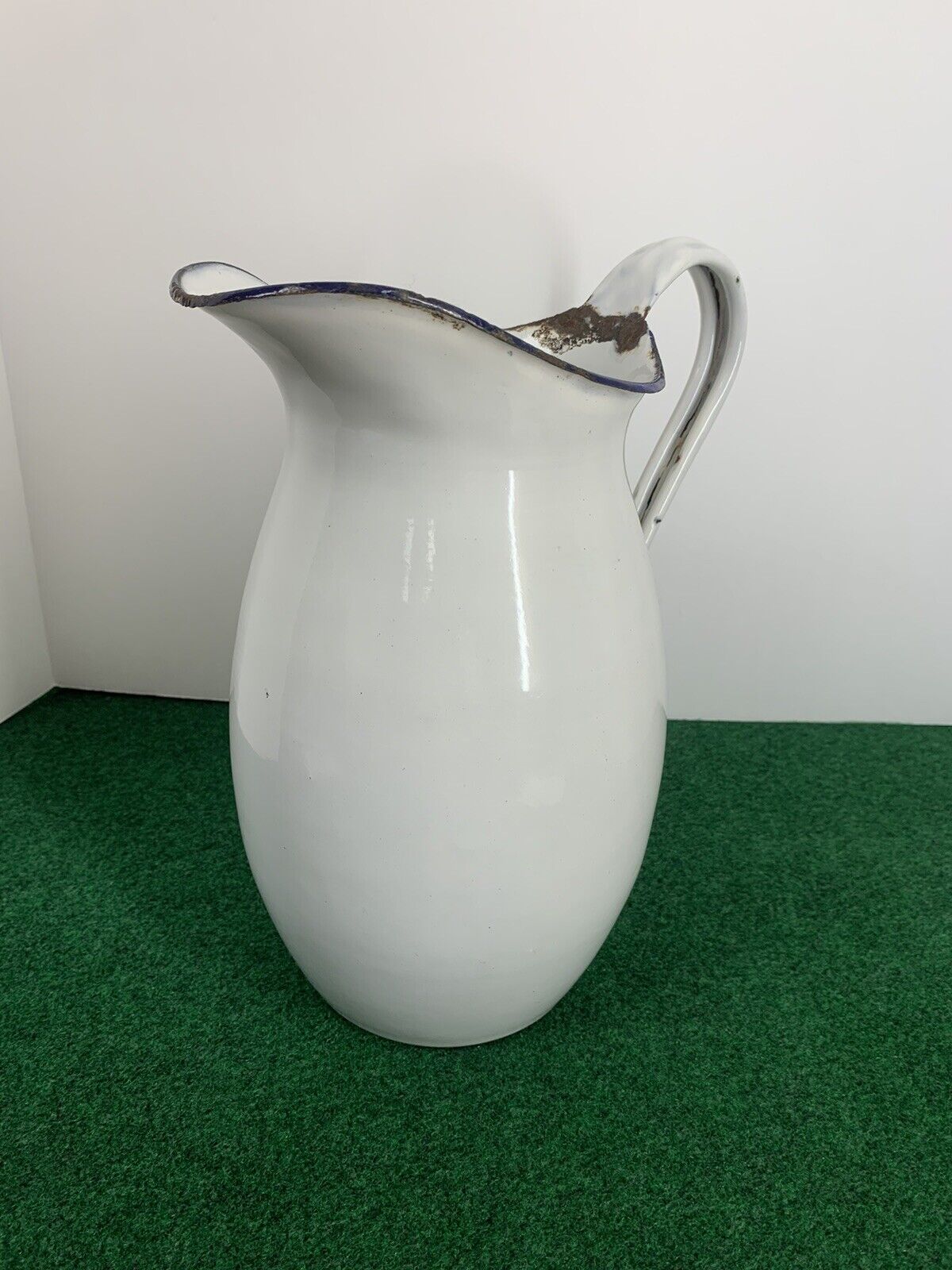 Antique L&G Manufacturing Co. White Enamelware Water Pitcher With Blue Trim-Rare