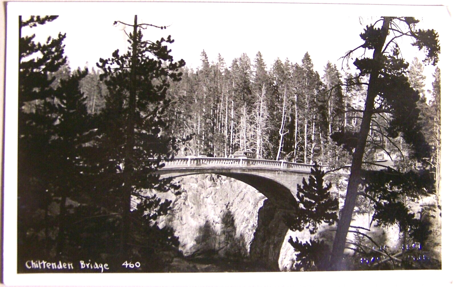 c. 1935, Chittenden Bridge, Yellowstone, Schlechten Studios, embossed stamp