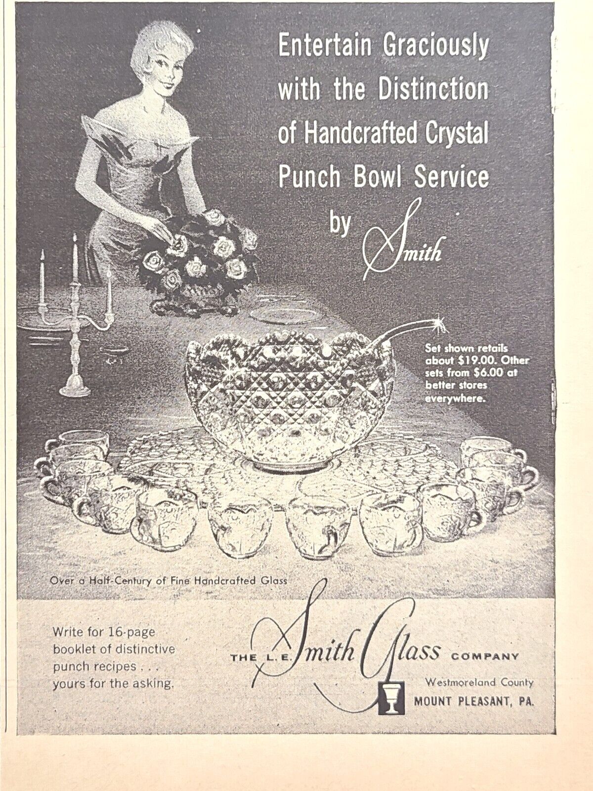 L. E. Smith Glass Mt Pleasant PA Punch Bowl Set Crystal Vintage Print Ad 1962