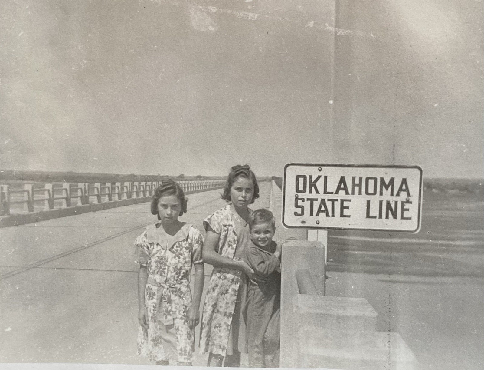 Oklahoma State Line Sign on Bridge & Kids Original Snapshot Vintage Photo