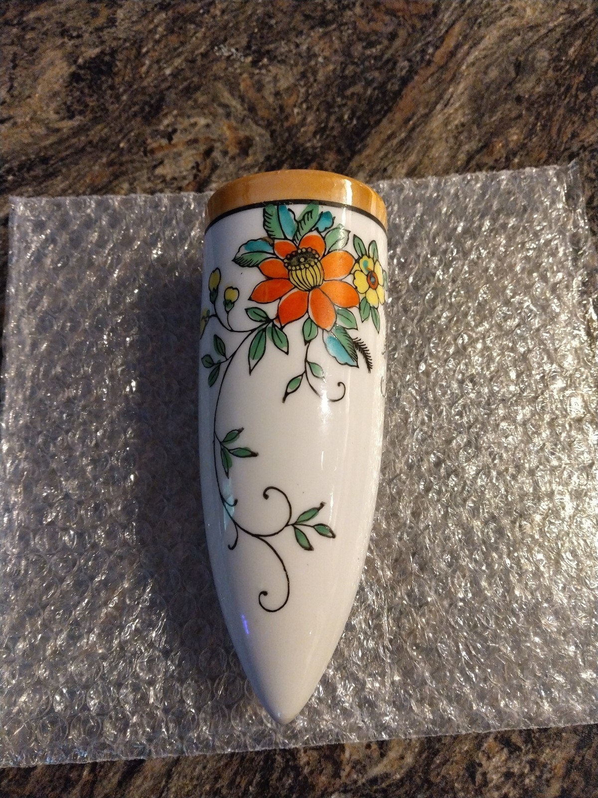 Japanese Lusterware Wall Pocket Hand Painted Red & Yellow Flowers Motif 