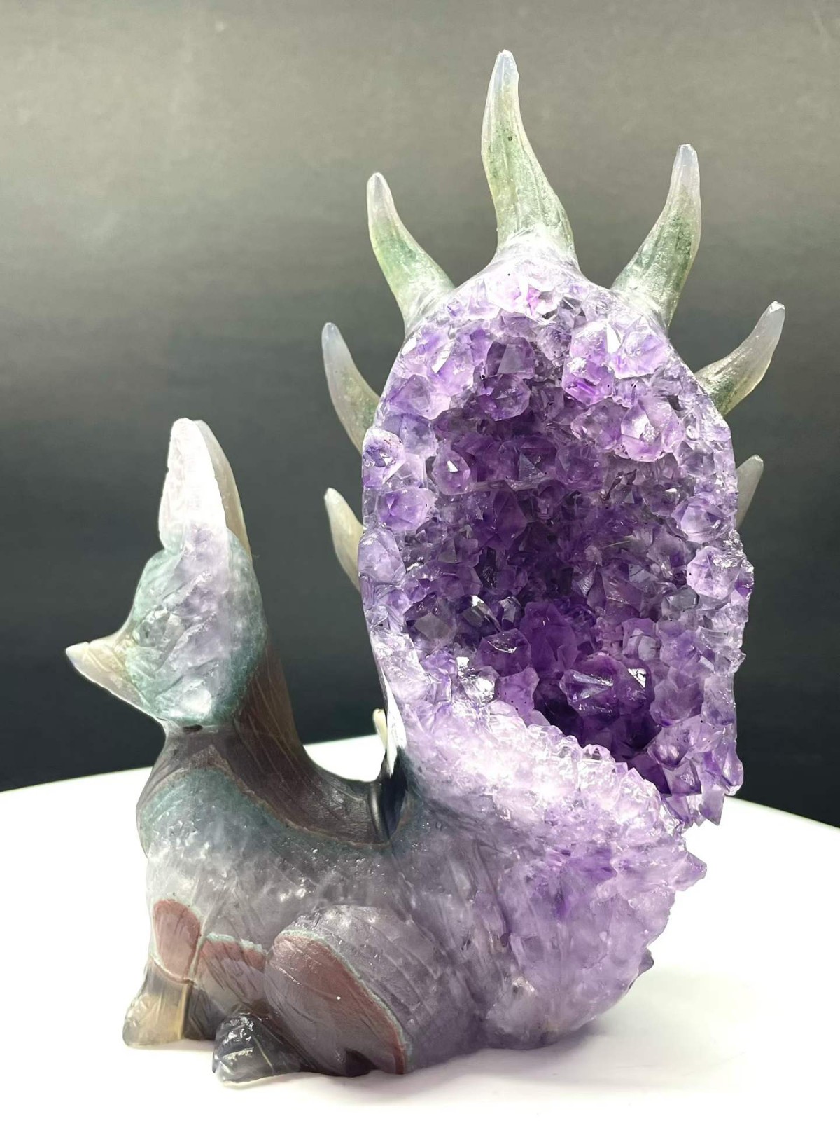 0.93LB Natural Amethyst Agate Quartz Carved Nine-tailed fox Crystal Reiki Decor