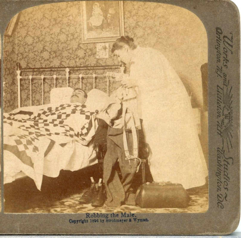 Robbing The Male, Wife Going Through Husbands Pockets--Underwood Stereoview Y22