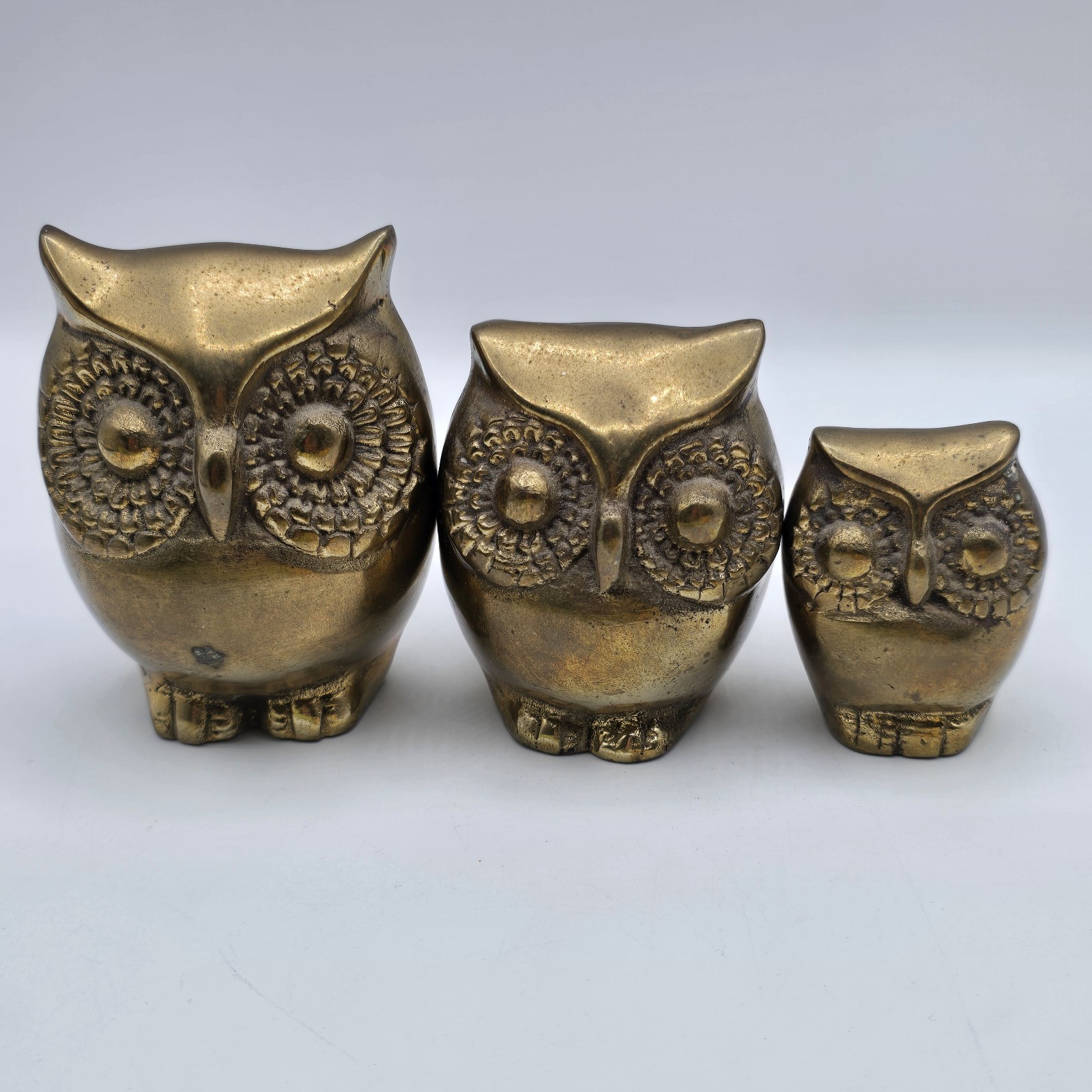Vintage Brass Owl Family Figurines Set of 3 MCM Retro Paperweight Trio Decor