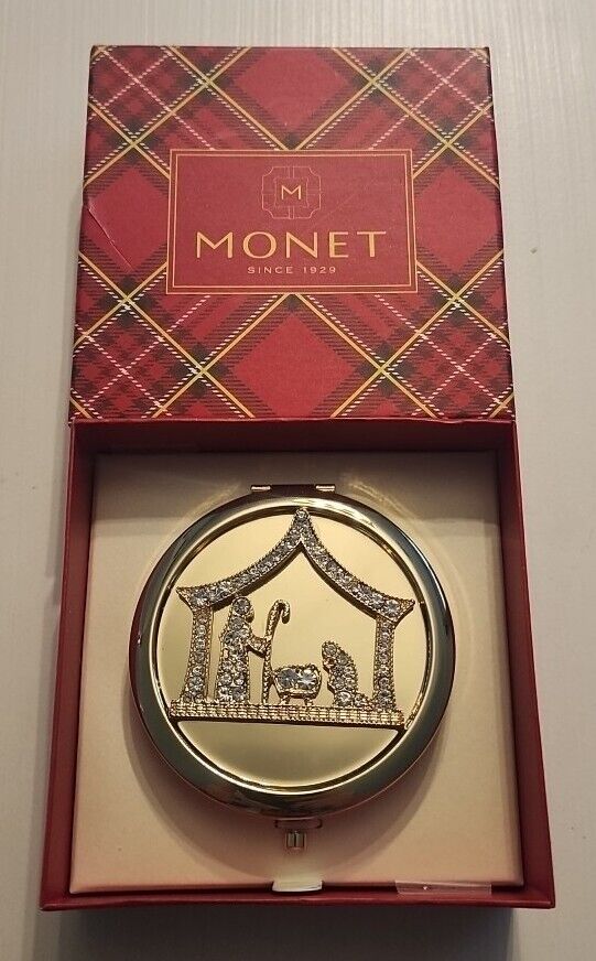 Brand NEW Monet Jeweled Enamel Dual Mirror Gold Tone Compact Jesus Manger