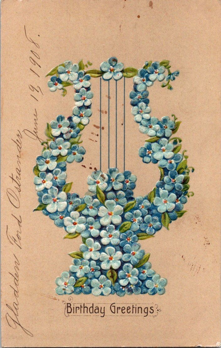 Vintage 1908 Birthday Postcard Blue Forget-Me-Not Flowers Embossed