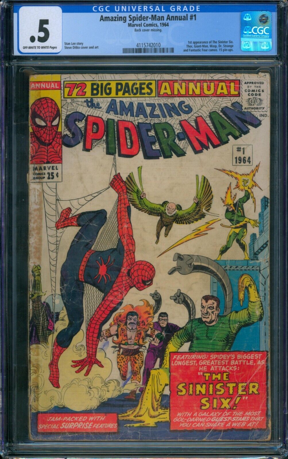 AMAZING SPIDER-MAN ANNUAL #1 ⭐ 1st App of SINISTER SIX ⭐ CGC 0.5  Marvel 1964