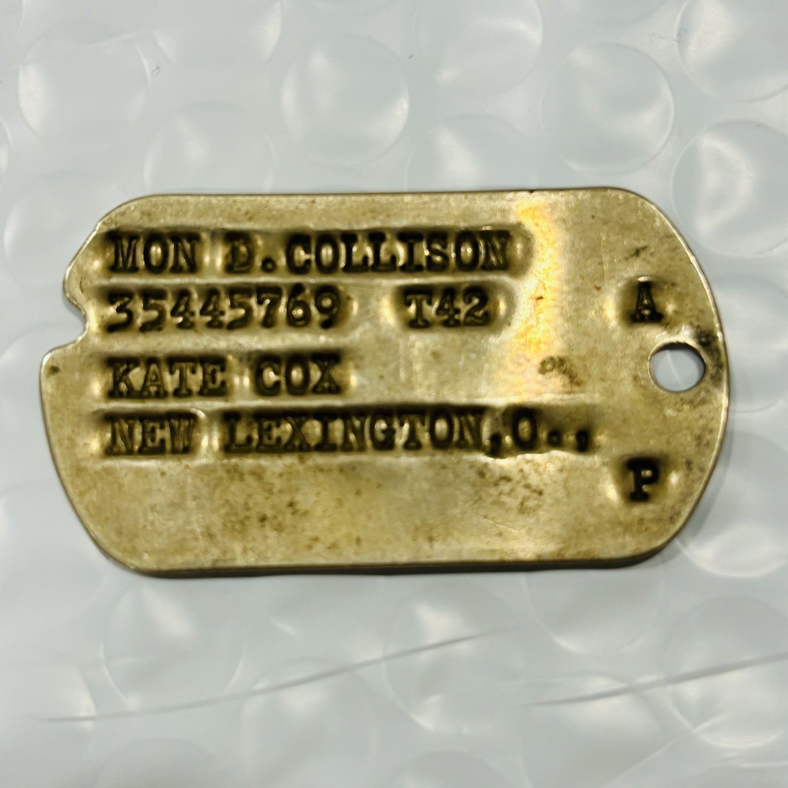 WW2 1942 USA Military Notched Dog Tag T42 Mon D Collison NoK New Lexington OH