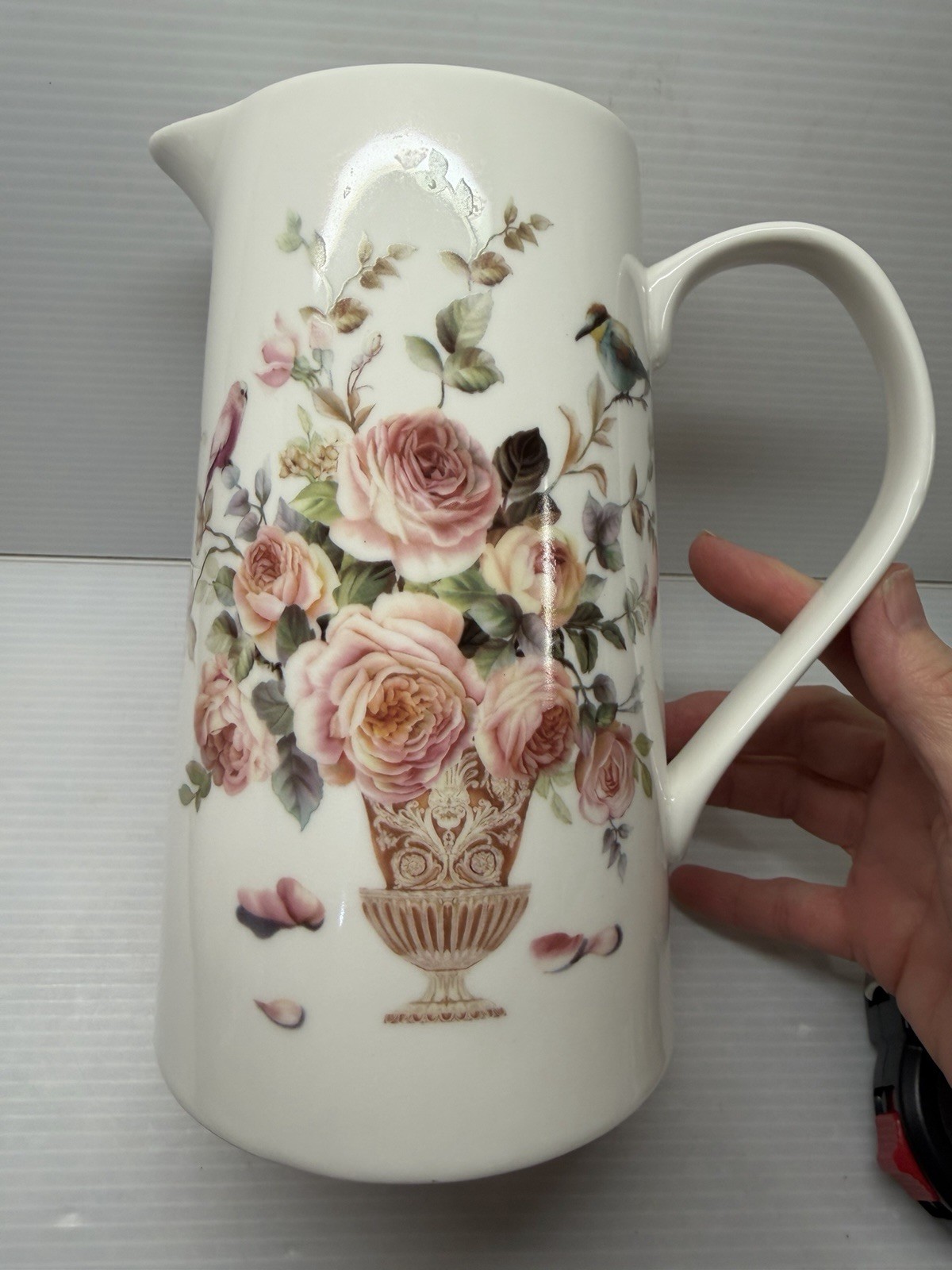 Grace’s Teaware 7.5” Magnolia Rose  Bird Pitcher Gold Trim Porcelain -RARE new