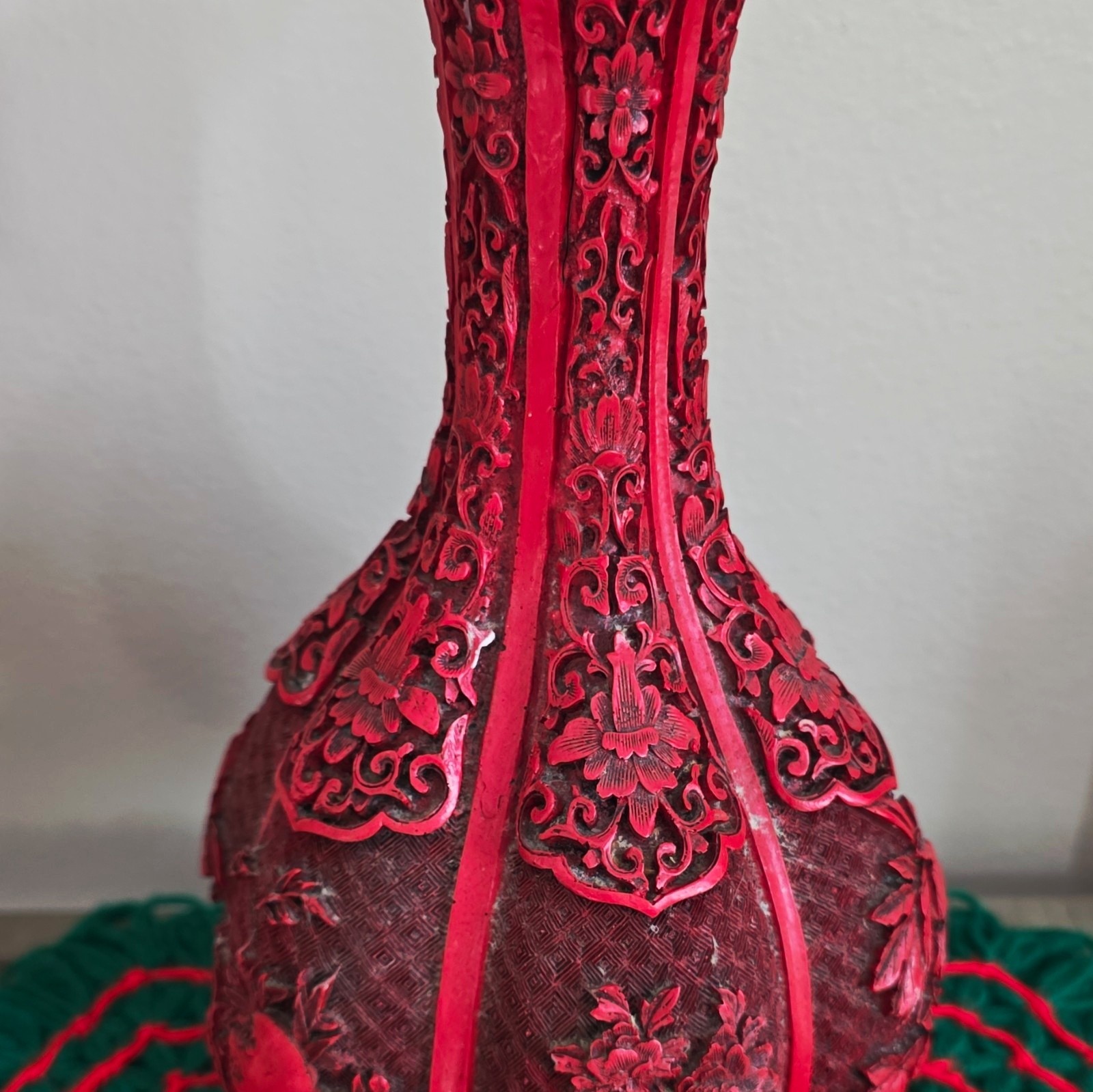 Red & Brass Metal Bottle Vase, Textured Embossed Floral Art Design, 1pc