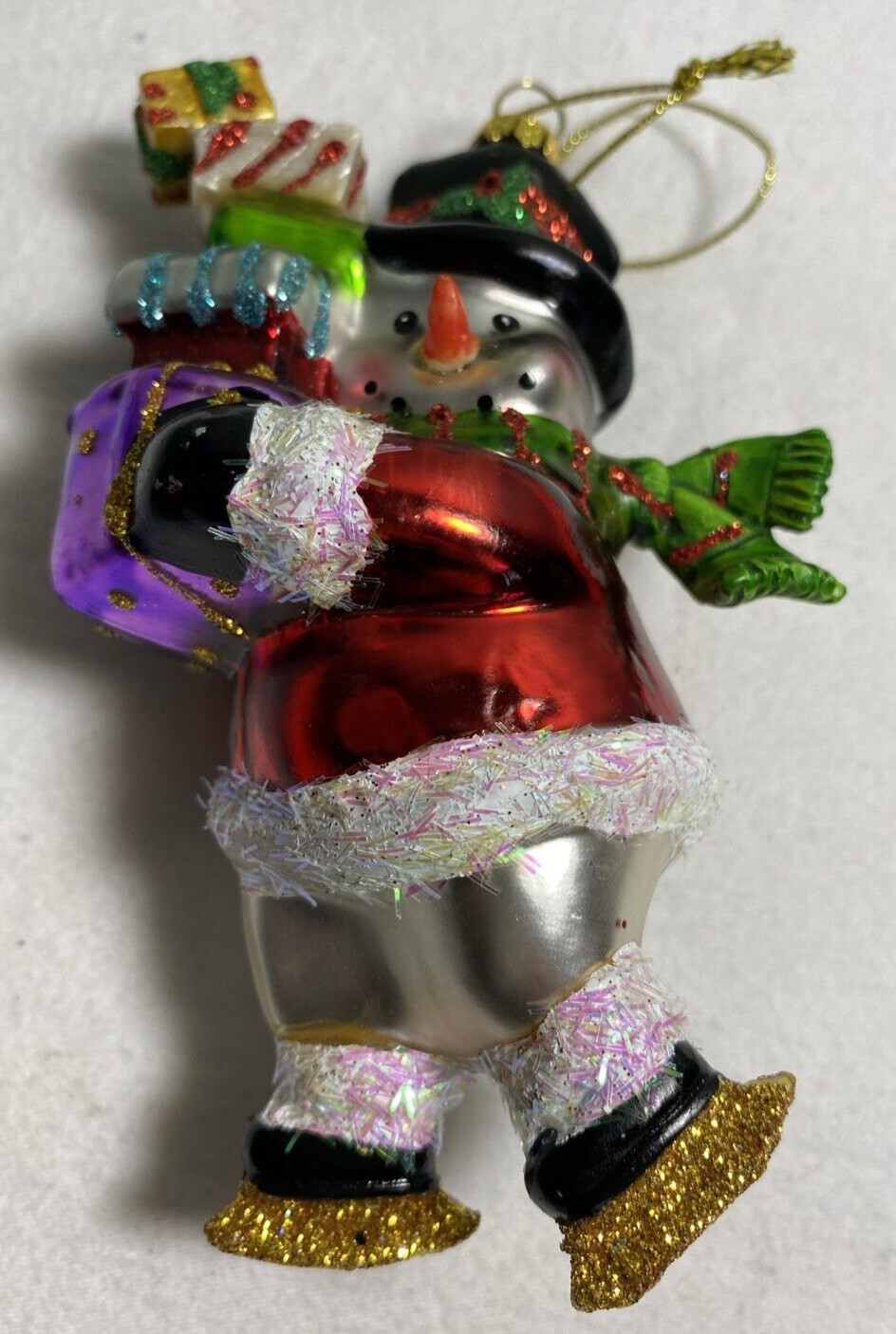 SNOWMAN Carrying Gifts Blown Glass Christmas Ornament 4.5\
