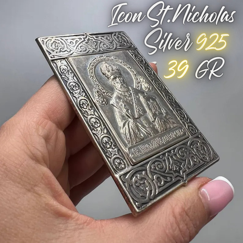 Icon Vintage St.Nicholas Christianity Sterling Silver 925 Religious Signed 39 Gr
