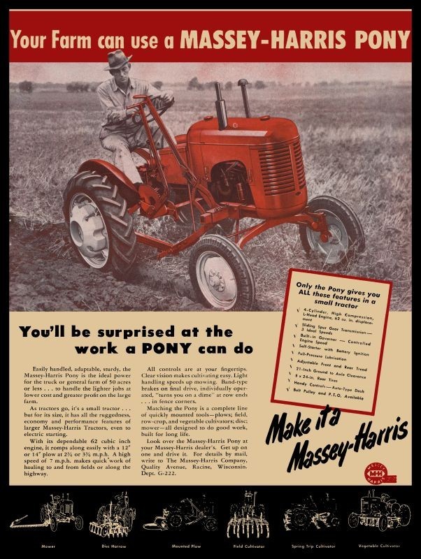 1947 MH Massey Harris PONY Tractor w. Features Listing NEW METAL SIGN: 12x16
