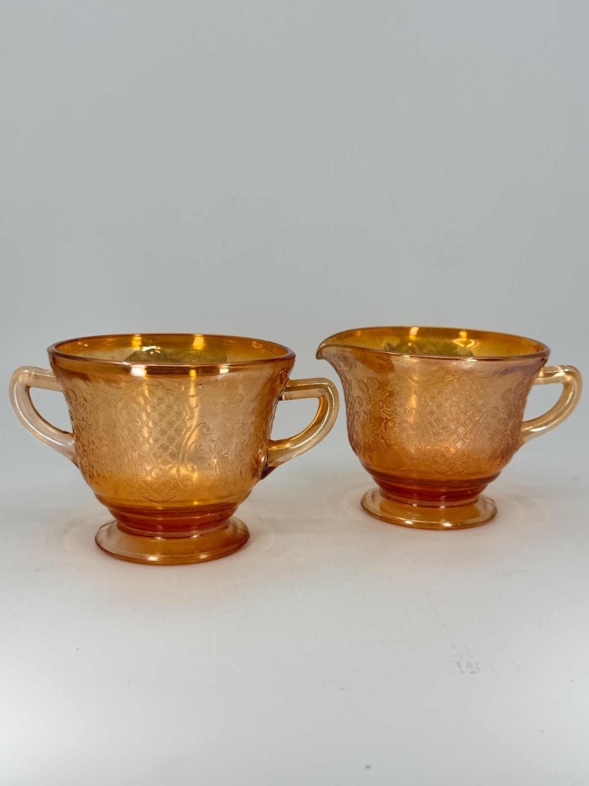 Vtg Federal Normandie Bouquet Lattice Marigold Carnival Glas Sugar & Creamer Set